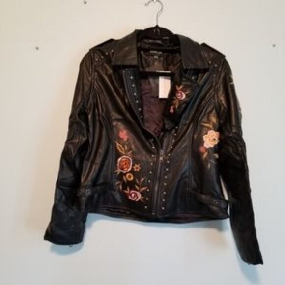 SUGARLIPS biker jacket faux leather embroidered floral print notched collar NWT - Picture 4 of 7